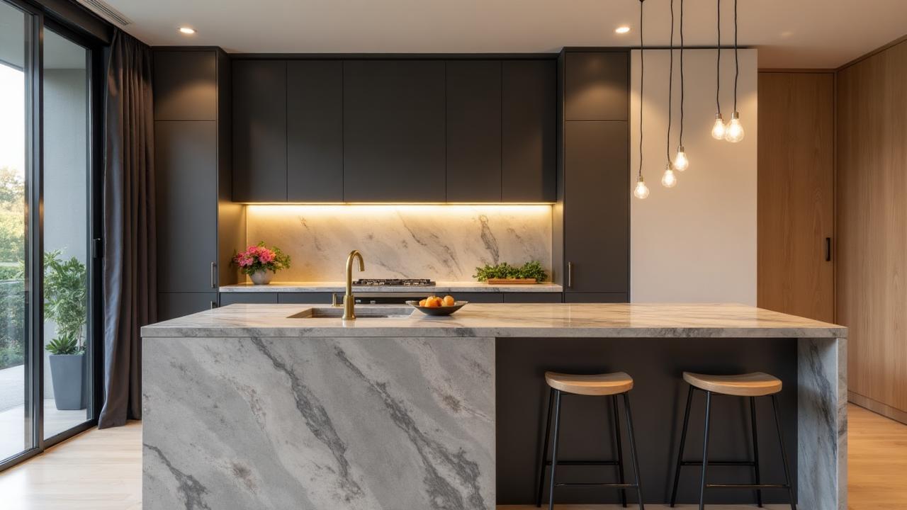 Renovated Adelaide kitchen with stone island and brass tapware